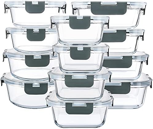 M MCIRCO Recipientes de armazenamento de alimentos de vidro de 24 peças com tampas de travamento de snap atualizadas,