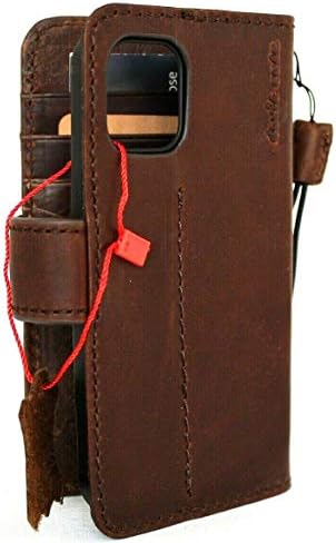 Jafo Genuine Soft Dark Leather Case para iPhone 12 Mini Livro da carteira Capa de luxo Cartões de crédito Slots Botão de fechamento Strap Id Vintage Janela artesanal de carregamento sem fio marrom