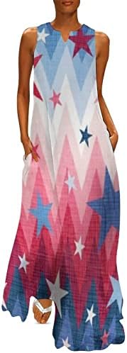 4 de julho Vestido maxi para mulheres Logo Casual Summer Boho Dress Dress sem mangas Vestido de decote em V American Flowy Beach Dresses