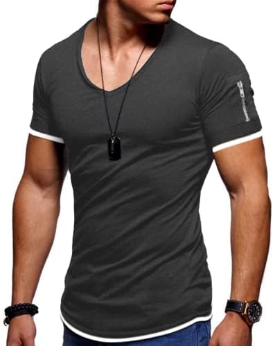 IWOO Mens V Camisetas do pescoço Camisas musculares Treino atlético T-shirts Tops de pulôver casual Contraste camisetas de