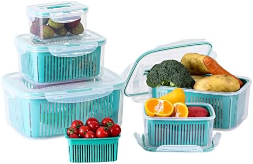 Recipientes de armazenamento de frutas Pengke para geladeira com tampas e colandadeiras de drenagem, 5 compactá