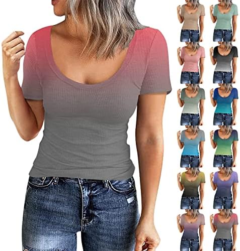 Basics Tee Shirt Mulheres Mulheres com nervuras Camisa malha ajustada Manga curta Scoop pesco