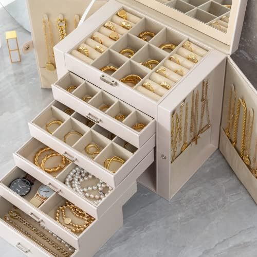 Organizador de caixas de jóias grandes espelhado para mulheres de 6 camadas de jóias orgânise caixas com couro PU, jóias pretas brancas