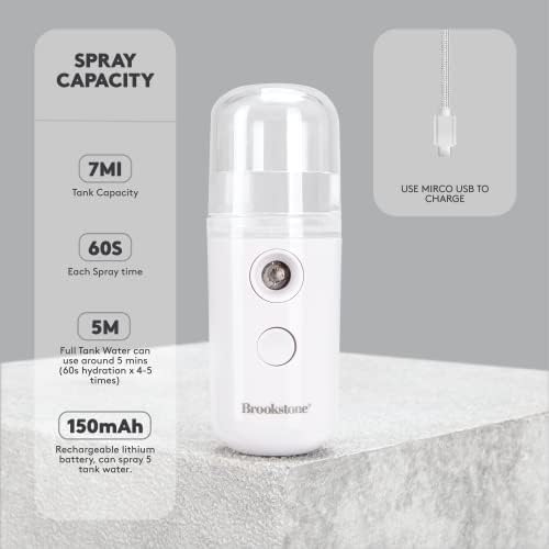 Brookstone Portable Nano Facial Mister | Garrane de spray do senhor facial compacto com tanque de água destilado de 30 ml para