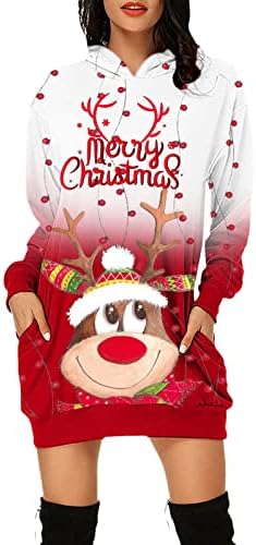 Vestidos de túnica feminina de Natal vestidos de capuz de colarinho de colarinho de colarinho fofo vestido de bolso de manga comprida Mini capuzes