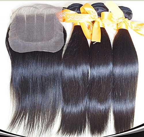 Junhair 3 Way Parte 1PC 4x4 Fechamento de renda com cabelo humano de Remy Virgin Mongol Remy 3 Pacotes de cabelo de cabelo misto 4pcs Lot natural cor natural