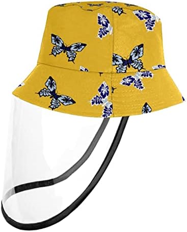 Chapéu de proteção para adultos com escudo facial, chapéu de pescador anti -sun tap, padrão de borboleta vintage amarelo