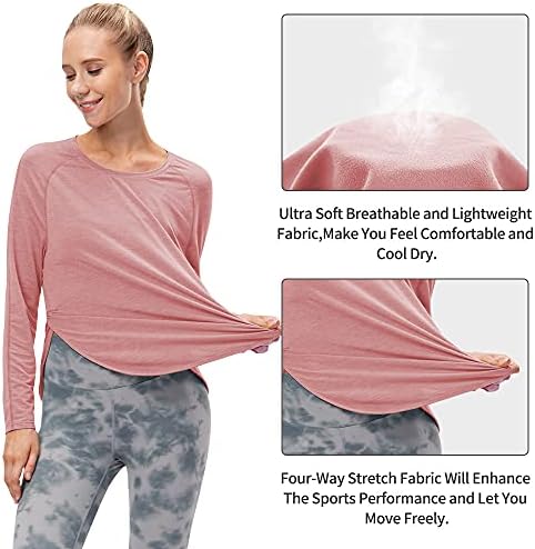 Camisetas de treino de manga longa para mulheres wragcfm, curva lateral de ioga solta Curva bainha correndo tampos leves atléticos