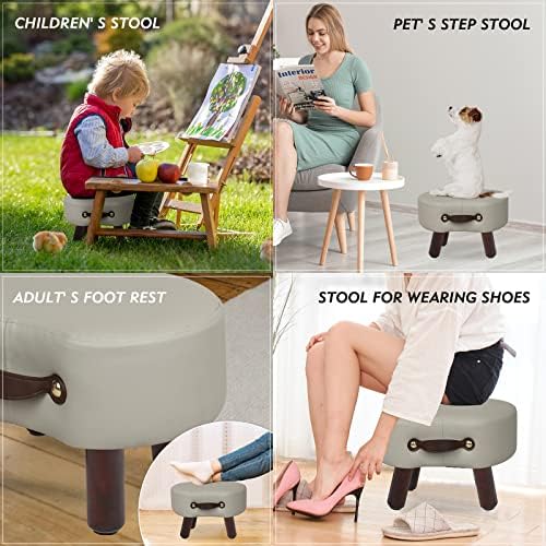 ECOMEX Pequeno banquinho de pé curvado com alça, apoio de pé de couro com pernas de madeira bancos de degrau curvado com assento acolchoado