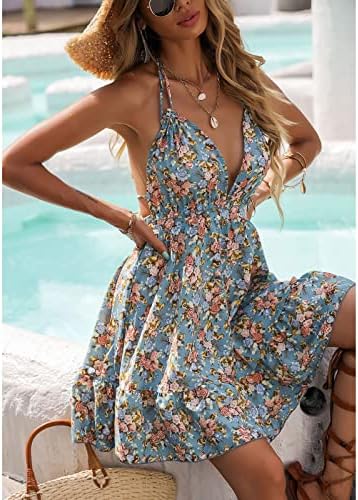 Vestidos de verão para mulheres moda sexy V Vestido de halter halter Floral estampelente manguido vestido casual midi praia