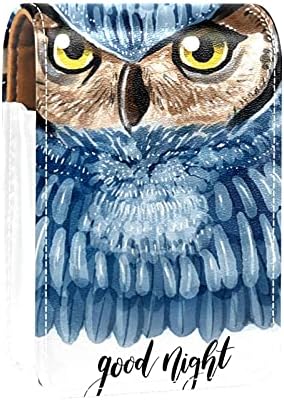 Caixa de batom com espelho desenhado à mão Blue Owl Lip Gloss Suports portátil Batom Batom Storage Bolsa de maquiagem Mini Cosmético