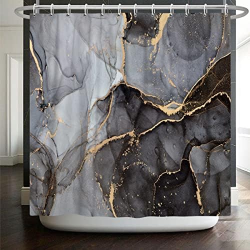Uiiooozazy abstract Cortina de chuveiro de mármore cinza tinta preta Luxuros à prova d'água de banheira decoração de banheira decoração cortinas de banheiro moderno de tecido com ganchos 72x72 polegadas