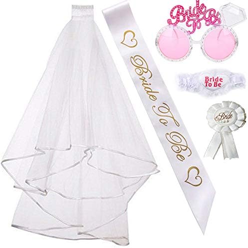 BIEAEIA Bachelorette Party Bride To Be Kit-1 White Double Ribbon Edge Centro Cascade Cascade Bridal Wedding Véil com pente, 1 noiva para ser faixa de cetim, 1 emblema, 1 perna. 1 noiva rosa para ser óculos