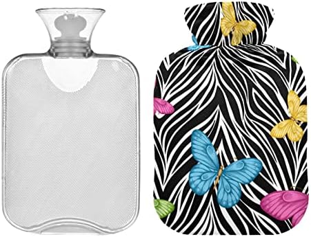 Garrafas de água quente com tampa de borboletas Animal Zebra Hot Water Saco para alívio da dor, mulheres adultos, bolsa de aquecimento
