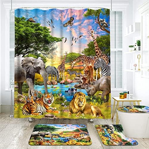 Conjuntos engraçados de cortina de chuveiro de animais selvagens com tapete de banho de espuma de memória, tapetes de banheira