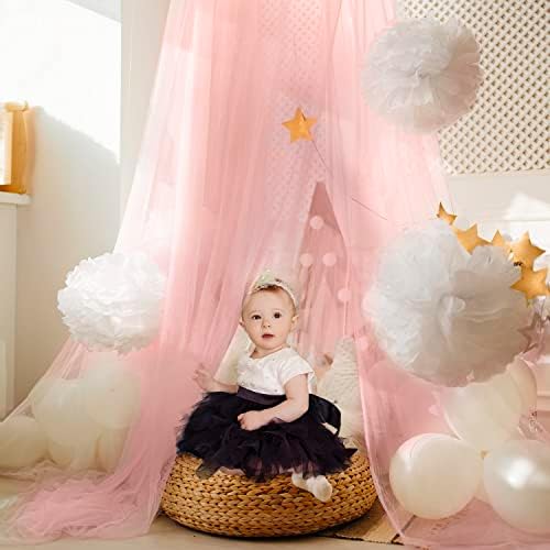 Decoração de dossel de cama-Canopy de cama caprichoso para meninas-Princess Bed Pink Décor Para crianças e crianças-cama e barraca de berço com estrelas e arcos-tecido de poliéster macio e delicado-25 x 86 x 393 polegadas