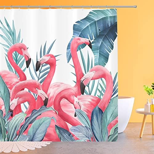 Cortina de chuveiro Chuleag para banheiro, planta tropical, cortina de chuveiro flamingo, folha de palmeira tropical, floresta de