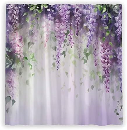 Cortina de flor de flor de lavanda floral roxa Cortina de aquarela Weeping Wisteria Folhas de videira em fundo com cores com cores