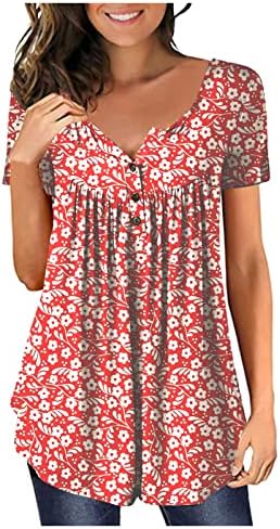 Tops casuais impressos para mulheres botão abaixar as blusas redondas de pescoço de verão Camisetas de brilho soltas