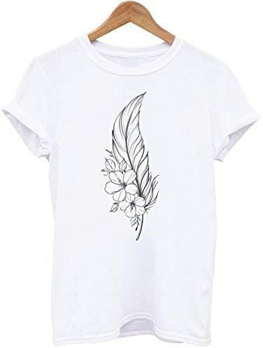 Funnamente fofo Penas Print Tees Tops for Women Summer Petite Basic Tam camiseta de manga curta Blusa gráfica da moda