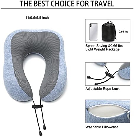 Travesseiro de memória de viagens Sreoz travesseiro de espuma, travesseiro para a pele e respirável com máscara ocular 3D, tampões para os ouvidos e bolsa de armazenamento portátil, adequado para avião, trem e uso doméstico
