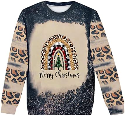 Feliz Natal Sweatshirt for Women Christmas Plaid Tree Print Blouse Leopard Leave Holiday Tops Tops