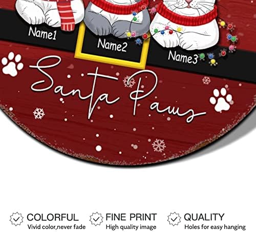 Feliz Christmas Door Sign Nome do gato personalizado aqui vem Santa Paw Red redonda de metal sinal de lata de natal