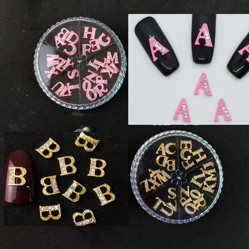 6Grid/Wheel Letra Inglês Charmos de diamante Nail Gold Gold Diy Rhinestones Alphabet 3D Snake/Crown Nail Art Gem Manicure Charms Jewelry -
