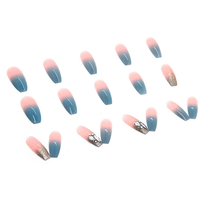 Yosomk Pressione há muito tempo em unhas rosa e gelo gradiente azul com papel alumínio Falso unhas acrílicas unhas pressionam unhas