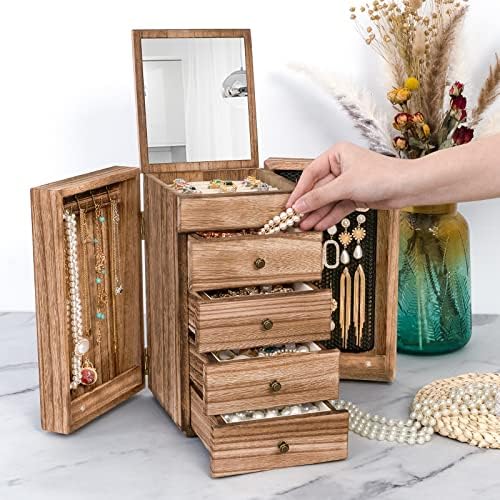 Madeira de jóias meangoa de madeira para Wowen, caixa de organizadoras grandes de 5 camadas com espelho e 4 gavetas