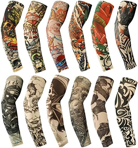 Mangas de tatuagem yariew para homens, mangas de braço de 12 pcs mangas de tatuagens falsas para cobrir mangas de proteção solar para resfriamento de braços