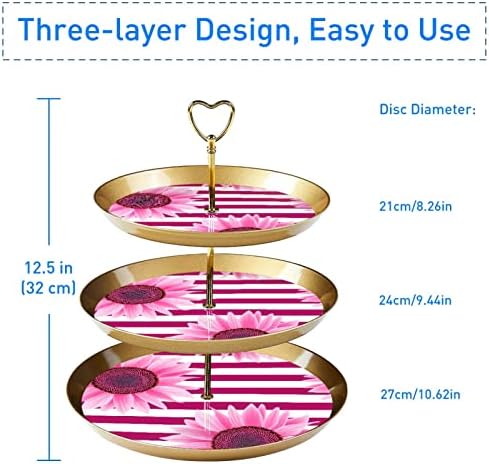 Girassol rosa rosa listra de 3 camadas de 3 camadas, suporte de sobremesa, torre de cupcakes para bolos de sobremesas