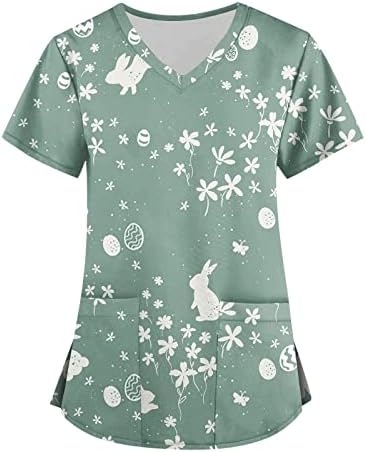 Uniformes de enfermagem de enfermagem para mulheres, ovo gnomo de coelho respirável e camisa de pescoço de manga curta