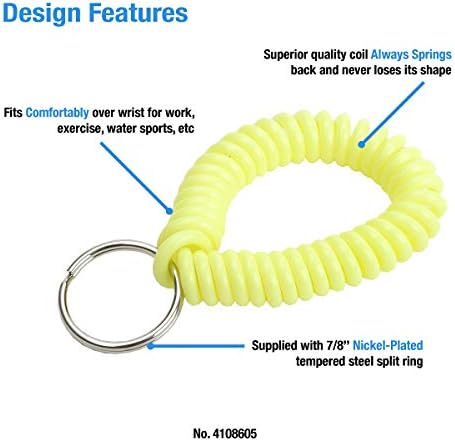 Lucky Line 2 ”Diâmetro Bobina de pulso espiral com anel de chave de aço, pulseira de chave de pulso flexível, estica a 12”, amarelo