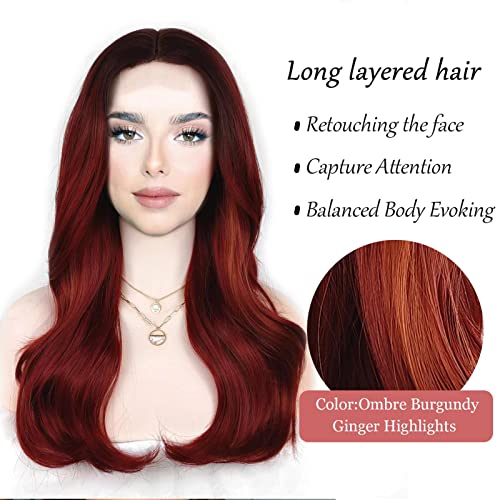 Ttbfqs 22 polegadas corpora ondulada ombre Borgonha Long Wavy Lace Front Wigs for Women ombre Ombre Red Hair Ginger destaca