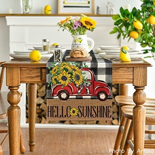 Modo Artóide Buffalo Sunflower Plaid Sunflower Red Truck Sunshine Summer Table Runner, Primavera de Aniversário da Primavera Holida