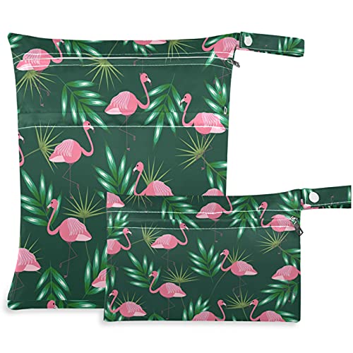 VISESUNNY 2PCS Bolsa molhada com bolsos com zíper para a palmeira tropical Folha de palmeira rosa Lavagem de flamingo reutilizável
