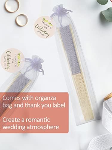 Cosweet 60 fãs de mão de casamento com tags e sacos de organza, fãs de papel branco de bambu a granel fãs dobráveis ​​para convidados de casamento favores