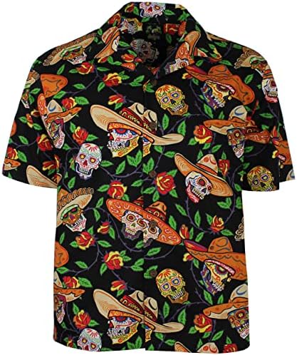 BENNY Mens Sugar Skulls Day of the Dead Hawaiian Camp camisa