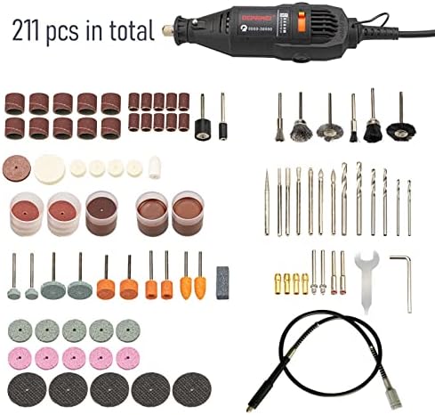 Kit de ferramentas rotativas Renotec com mandril sem chave e eixo flexível - Acessórios de 211pcs Variações de perfuração elétrica
