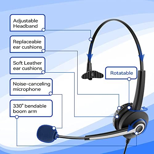 Fone de ouvido por telefone Voistek com cancelamento de microfone e ruído de microfone, desconexão rápida CIS fone de ouvido com fio compatível com telefones fixos para o Skype Zoom Call Center Business Office