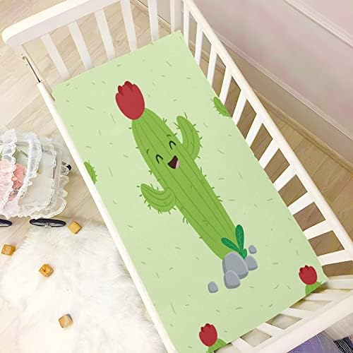 Lençóis de berço de cribo de cacto de sorriso verde - lençóis de berço equipados para meninas, folha de berço de bebê acolhedora unissex 27 x 39 x 5 polegadas