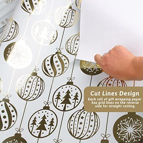 Kimober 4 Rolls Papel de embrulho de Natal, papel branco com folhas metálicas douradas elementos de natal e linhas de corte
