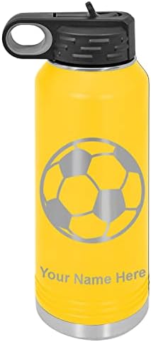 Lasergram 40 oz de parede dupla flip top water garrafa com palha, bola de futebol, gravura personalizada incluída