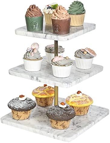 Mygift Modern Square Natural White Mármore 3 Cupcake Stand, Sobremesa Riser de exibição, suporte de torre de varejo