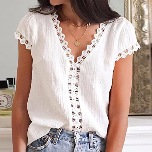 Top Ladies Fall Summer 2023 Manga curta Vneck Lace Cotton Blouse Blouse Camiseta para meninas adolescentes LC LC