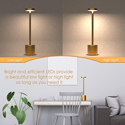 Lâmpada de mesa sem fio, lâmpadas recarregáveis, luz LED externa, 13,75 x 3, alumínio, ouro, pequeno, operado por bateria, diminuído, portátil para casa, mesas, sala de estar, leitura de cabeceira, jantar