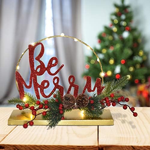 Presente Boutique Christmas Seja Misture Mesa Central Decoração LED LED Berry vermelha e pinheiro Pine Holiday Glow Stand, Mantle