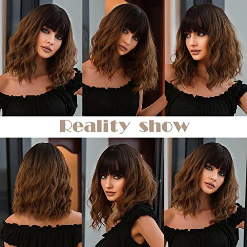 Oneustar ombre marrom marrom curto ondulado perucas com franja para mulheres com aparência de cabelo sintético de aparência diária para a peruca diária para festas