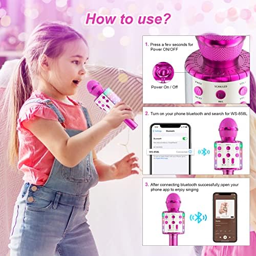 Microfone de karaokê Bluetooth sem fio para crianças, cantando microfone com luzes LED LUZES Karaoke Machine portátil Micro-orador